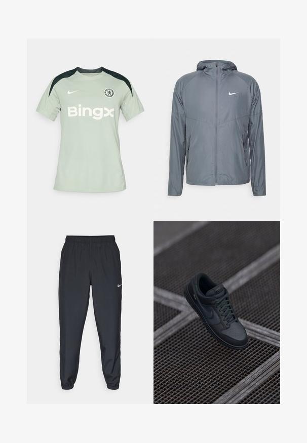 Szürke Nike dzseki könnyű anyagból, teljes hosszúságú cipzárral, kapucnival és diszkrét logóval a mellkason. Simogató tapintás, testhezálló fazon.; Világos zöld Nike futballmez fekete díszítéssel, rövid ujjú, kerek nyakkivágású, a mellrészen a "Bingx" logóval és a Chelsea FC címerével.; Fekete sportnadrág könnyű anyagból, rugalmas derékkel és bokacsatokkal, a bal oldalon egy diszkrét Nike logóval.; Fekete bőr Nike sportcipő, lekerekített orral, perforált felsőrészzel és texturált gumitalppal. Tartalmazza a fűzőt és a diszkrét márkázást.