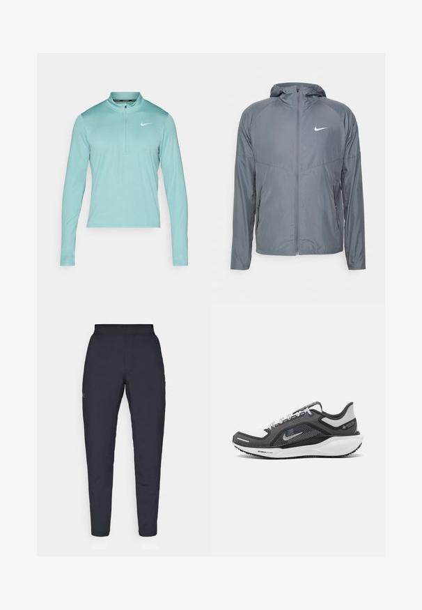 Grå Nike-jakke laget av lett materiale, med full glidelås, hette og subtil logo på brystet. Glatt tekstur, tilpasset passform.; Lys blågrønn langermet treningsgenser med halv glidelås og hvit Nike-logo på venstre bryst. Glatt, elastisk stoff.; Sorte treningbukser med glatt tekstur, smal passform, elastisk midjebånd og sidelommer. Har en liten logo på venstre lår.; Svart og grå atletisk sko med mesh-overdel, refleksdetaljer og hvit mellomsåle. Har strukturert gummisåle og lisser.