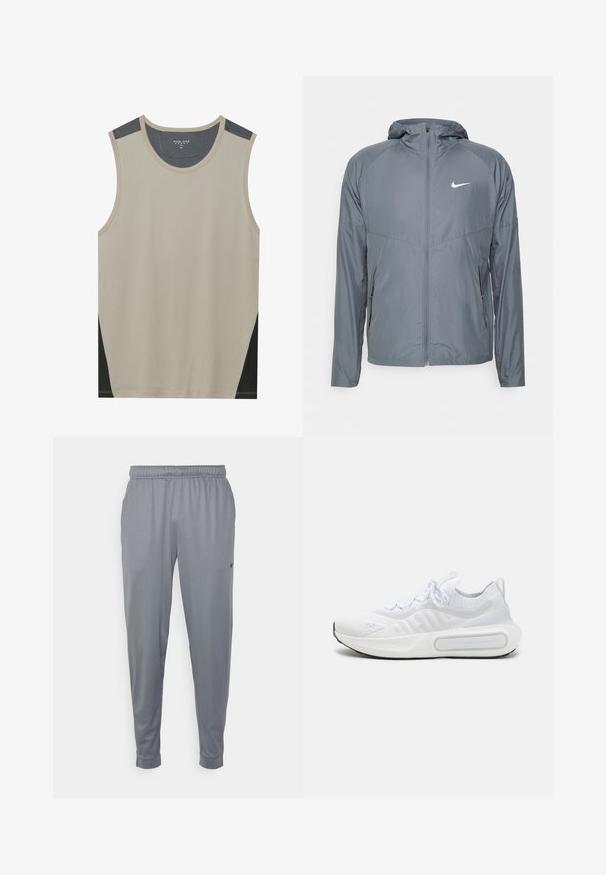 Gray Nike jacket made of lightweight material, featuring a full zipper, hood, and subtle logo on the chest. Smooth texture, tailored fit.; Beige sleeveless tank top with dark gray shoulder accents and black side panels. Smooth texture with a rounded neckline.; Gray athletic pants made from lightweight fabric, featuring an elastic waistband, tapered legs, and a small logo on the side.; White athletic shoe with a textured knit upper, lace-up closure, cushioned sole, and a distinctive branding detail on the side.