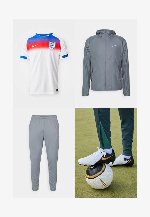 Veste Nike grise en matériau léger, dotée d'une fermeture éclair complète, d'une capuche et d'un logo discret sur la poitrine. Texture lisse, coupe ajustée.; Maillot de football à manches courtes blanc avec un col dégradé allant du rouge au bleu, des accentuations bleues sur les manches et un écusson de l'Angleterre sur la poitrine.; Pantalons de sport gris avec ceinture élastique, coupe fuselée et logo Nike orange en contraste sur la cuisse gauche. Tissu lisse et léger.; Chaussures de football Nike, blanches et noires avec un swoosh doré, reposant sur un ballon de soccer noir et blanc avec des accents émaillés. Pantalons de sport verts visibles.