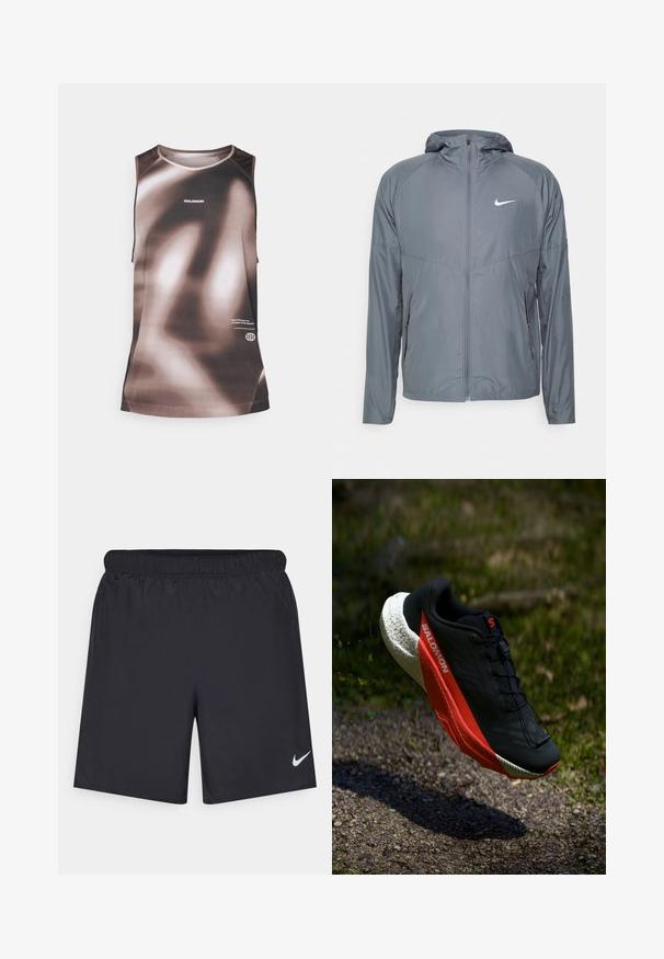 Giacca Nike grigia realizzata in materiale leggero, con zip completa, cappuccio e logo discreto sul petto. Texture liscia, vestibilità su misura.; Canotta in toni marroni e beige con un motivo a gradiente. Realizzata in materiale sintetico, presenta un collo rotondo e il logo del marchio sul davanti.; Shorts sportivi neri realizzati in materiale leggero con vita elastica. Presentano un piccolo logo Nike bianco sul lato sinistro in basso.; Scarpa da corsa nera con accenti rossi, tomaia in mesh leggero, suola bianca texturizzata e sistema di allacciatura. Progettata per prestazioni e comfort.