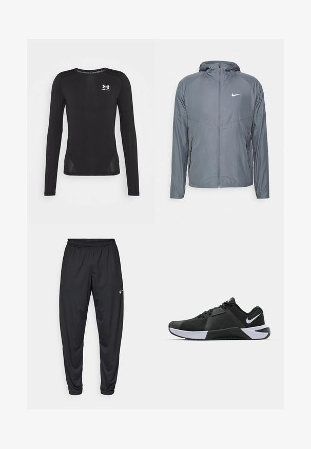 Casaco cinza da Nike feito de material leve, com fecho completo, capuz e um logo discreto no peito. Textura suave, ajuste personalizado.; Camisola atlética de manga longa preta, feita de um tecido leve e suave. Possui um design ajustado e painéis laterais em malha. Logotipo da Under Armour no peito.; Calças de atletismo pretas com um cós elástico, pernas afuniladas e um pequeno logo branco da Nike na coxa esquerda. Tecido liso, sem padrões.; Nike Performance METCON 10 - Sapatilha de treino - black/white/anthracite