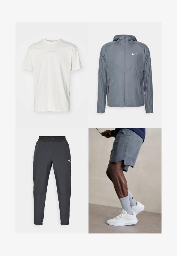 Pilkas Nike džemperis, pagamintas iš lengvo audinio, su pilnu užtrauktuku, gobtuvu ir subtiliu logotipu ant krūtinės. Lygi tekstūra, pritaikytas fasonas.; Kremo spalvos medvilnės marškinėliai trumpomis rankovėmis ir apvaliu kaklu. Priekyje yra subtilus "BJÖRN BORG" tekstas šviesiai pilka spalva.; Nike Pro kelnės tamsiai pilkos spalvos, su juodu elastingu juosmeniu, ant kurio matyti "PRD" ir "NIKE PRO" tekstai, lygia medžiaga, siaurėjančiu dizainu ir subtiliais siuvinėjimo akcentais.; Balti sportiniai bateliai su tekstūruotu tinkleliu viršuje, derinami su šviesiai mėlynomis ribotomis kojinėmis su logotipu. Pilki sportiniai šortai su perforuota apdaila.