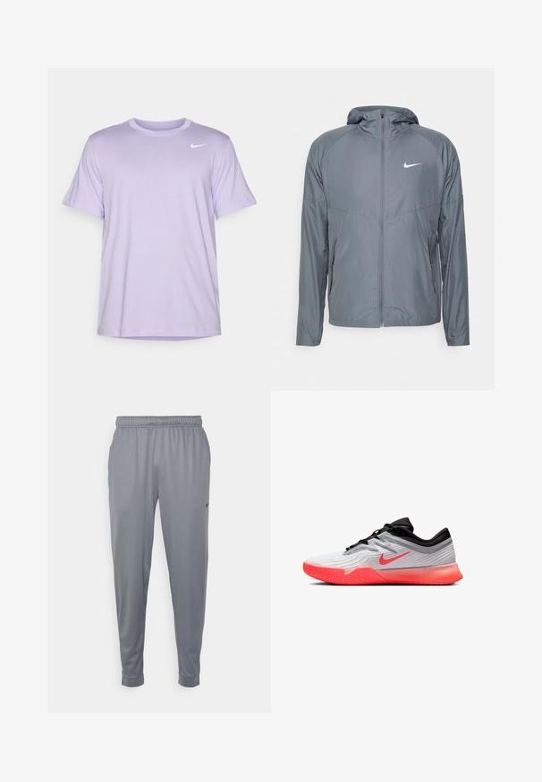 Siva Nike jakna iz lahkega materiala, z celotnim zadrgo, kapuco in subtilnim logotipom na prsih. Gladka tekstura, prilegajoč kroj.; Vijolična majica s kratkimi rokavi iz mehkega materiala. Ima okrogel izrez in majhen beli Nike logotip na prsih. Preprost dizajn.; Sive športne hlače iz lahkega materiala, z elastičnim pasom, zoženimi nogavicami in majhnim logotipom ob strani.; Bela in črna atletska čevlja z živahnim oranžnim podplatom in Nike swoosh, nizko rezano obliko ter teksturirano oprijemanje na sprednjem podplatu.