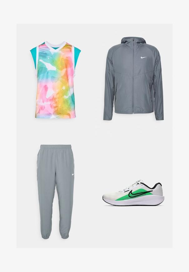 Siva Nike jakna iz lahkega materiala, z celotnim zadrgo, kapuco in subtilnim logotipom na prsih. Gladka tekstura, prilegajoč kroj.; Telovadna majica brez rokavov z živahnim, večbarvnim akvarelnim vzorcem, belim ovratnikom v obliki črke V in turkiznimi dodatki. Narejena iz zračnega materiala.; Svetla siva trenirka z elastičnim pasom, stranskimi žepi in ozkimi manšetami. Ima majhen bel Nike logotip. Gladka tekstura.; Bela športna čevlja z zelenim poudarkom, črnim logotipom, mrežastim zgornjim delom, oblazinjenim podplatom in zaobljenim peto. Ima vezalke in kontrastne detajle.