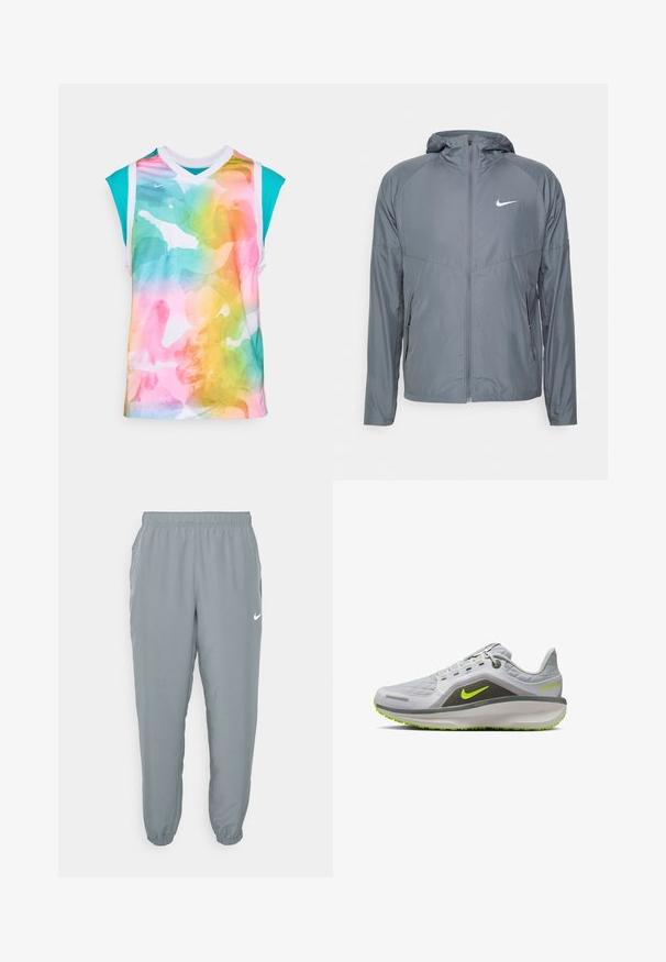Chaqueta Nike gris hecha de material ligero, con cremallera completa, capucha y un logotipo sutil en el pecho. Textura suave, corte ajustado.; Camiseta deportiva sin mangas con un vibrante patrón de acuarela multicolor, con un cuello en forma de v y acentos en turquesa. Fabricada con material transpirable.; Joggers ligeros grises con cintura elástica, bolsillos laterales y puños ajustados. Presenta un pequeño logo blanco de Nike. Textura suave.; Zapatilla deportiva gris con parte superior texturizada, acentos en verde neón, una suela acolchada y un diseño ligero. Presenta un logo visible y detalles.