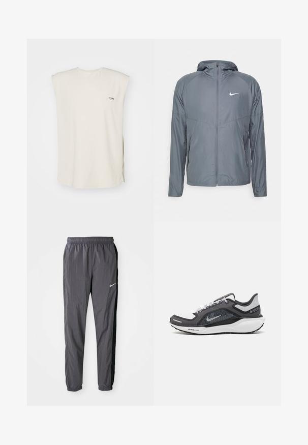 Chaqueta Nike gris hecha de material ligero, con cremallera completa, capucha y un logotipo sutil en el pecho. Textura suave, corte ajustado.; Top sin mangas de color crema en tejido ligero que presenta un escote en V, aberturas laterales y un pequeño logo en el lado izquierdo del pecho.; Pantalones de pista Nike, confeccionados con tejido ligero, en gris oscuro con paneles laterales negros. Presentan una cintura elástica y un logo reflectante.; Zapatilla deportiva negro y gris con parte superior de malla, acentos reflectantes y una entresuela blanca. Presenta una suela de goma texturizada y cordones.