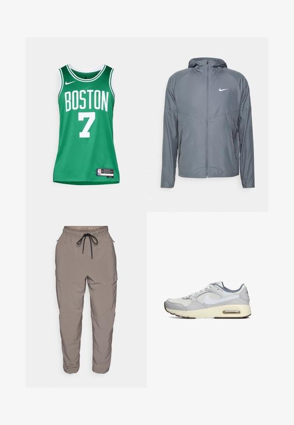 Grijze Nike-jack van lichtgewicht materiaal, met een volledige ritssluiting, capuchon en subtiele logo op de borst. Soepele textuur, op maat gemaakte pasvorm.; Groene basketbaljersey met witte letters. Bevat "BOSTON" en het nummer "7." Gemaakt van ademend mesh materiaal, met een Nike-logo en label.; Nike cargobroek in lichtgrijs, met een elastische tailleband met trekkoord, zijzakken en een tapered fit. Soepele stoffen textuur.; Grijze sport sneaker met een bovenwerk van leer en textiel, met witte accenten, een zichtbare luchtkussen en een rubberen zool met tractiegrofjes.