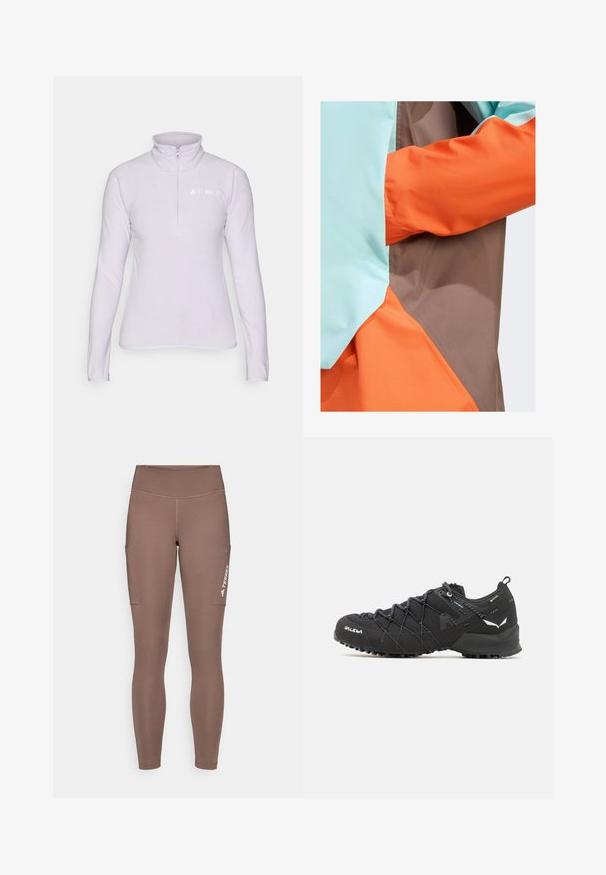 adidas Terrex ANORAK - Regenjacke / wasserabweisende Jacke - earth strata semi flash aqua semi impact orange; Hellblauer Fleece-Pullover mit Reißverschlusskragen. Verfügt über lange Ärmel und ein weißes Logo auf der linken Brustseite. Weicher Stoff.; Braune Sportlegging mit einem hohen Bund, ausgestattet mit Seitentaschen und einem weißen Logo. Glatter, dehnbarer Stoff für Komfort und Bewegungsfreiheit.; Schwarze Wanderschuhe mit einem strukturierten Obermaterial aus Stoff, Schnürsystem und robuster Gummisohle. Akzentuiert mit reflektierenden Details und Logos.