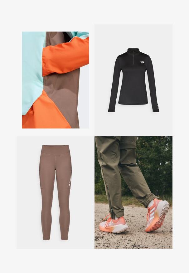 adidas Terrex ANORAK - Regenjacke / wasserabweisende Jacke - earth strata semi flash aqua semi impact orange; The North Face FLEX 1/4 ZIP GRAPHIC - Langarmshirt - black; Braune Sportlegging mit einem hohen Bund, ausgestattet mit Seitentaschen und einem weißen Logo. Glatter, dehnbarer Stoff für Komfort und Bewegungsfreiheit.; Sportlich designte Schuhe mit einem Farbverlauf, hauptsächlich in Pink und Weiß, mit strukturierten Sohlen und kontrastierenden Schnürsenkeln, getragen zu olivgrünen Hosen.
