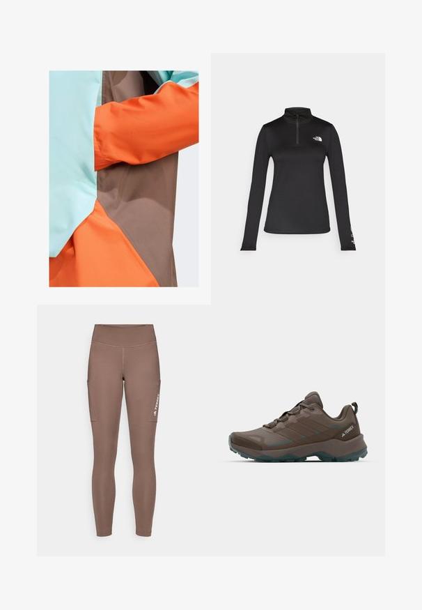 Adidas Terrex ANORAK - Waterproof jacket - earth strata semi flash aqua semi impact orange; The North Face FLEX 1/4 ZIP GRAPHIC - Long sleeved top - black; Brown athletic leggings with a high waistband, featuring side pockets and a white logo. Smooth, stretchy fabric for comfort and mobility.; Gray and teal hiking shoes with mesh panels, textured upper, and rugged rubber outsole. Features padded tongue and lace-up design.