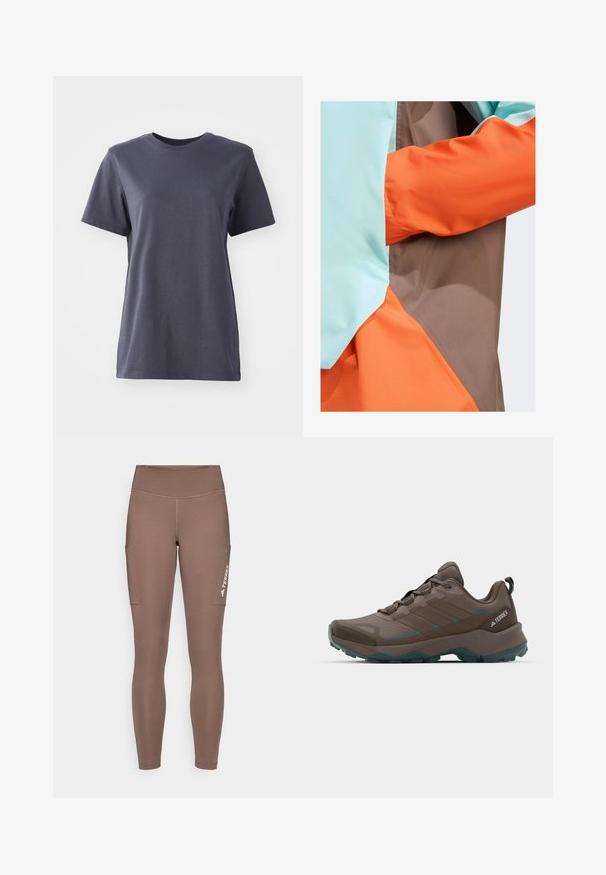 adidas Terrex ANORAK - Impermeable - earth strata semi flash aqua semi impact orange; Camiseta de manga corta en algodón gris oscuro, diseño de cuello redondo, textura suave, dobladillo recto, sin patrones visibles ni detalles metálicos.; Mallas deportivas marrones con una cintura alta, que cuentan con bolsillos laterales y un logo blanco. Tejido suave y elástico para mayor comodidad y movilidad.; Zapatos de senderismo grises y verde azulado con paneles de malla, parte superior texturizada y suela de goma resistente. Cuenta con lengüeta acolchada y diseño de cordones.