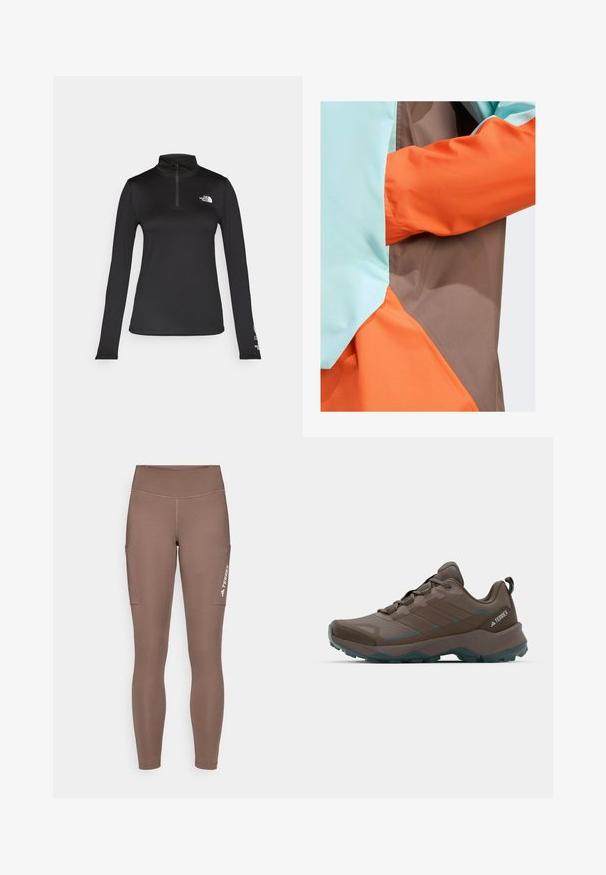 adidas Terrex ANORAK - Vodootporna jakna - earth strata semi flash aqua semi impact orange; The North Face FLEX 1/4 ZIP GRAPHIC - Top dugih rukava - black; Smeđe atletske tajice s visokim strukom, s bočnim džepovima i bijelim logotipom. Glatka, rastezljiva tkanina za udobnost i pokretljivost.; Sive i tirkizne planinarske cipele s mrežastim panelima, teksturiranim gornjim dijelom i čvrstim gumenenim potplatom. Imaju podstavljeni jezik i dizajn sa vezicama.