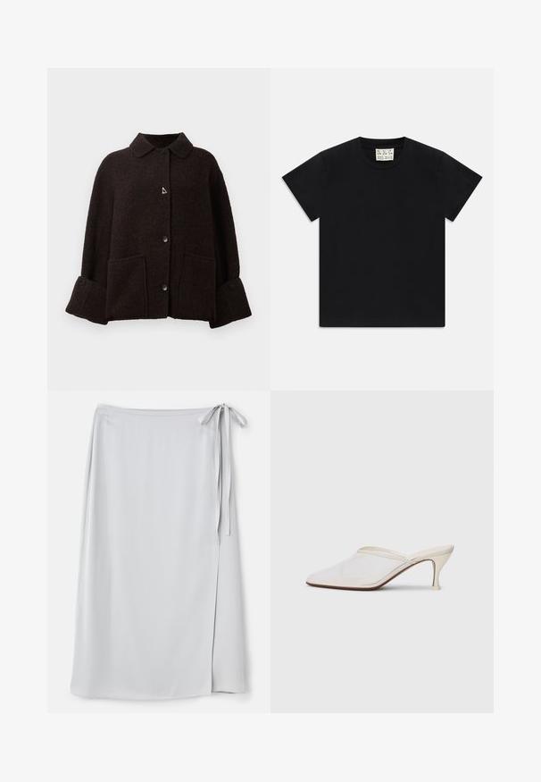 Donkerbruine wollen jas met brede manchetten, knopen aan de voorkant, twee grote zakken aan de voorkant en een puntige kraag.; Zwarte t-shirt met korte mouwen en ronde hals met een wit label binnen in de kraag, waarop "D.R.C. EST. 2002" staat, tegen een witte achtergrond.; Lichtgrijze wikkelrok met een gladde textuur, sluiting met een zijstrik en een subtiele split aan de linkerkant. Eenvoudig ontwerp zonder patronen of accenten.; Witte mesh puntige muiltjes met een slanke hak van middelgrote hoogte en een slip-on ontwerp, tegen een effen achtergrond.