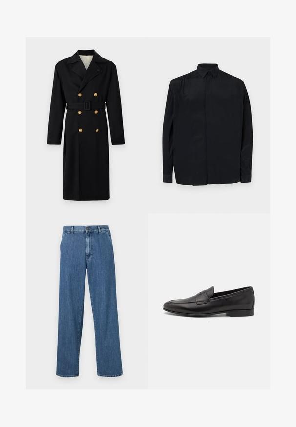 Črni dvoredni plašč z strukturo, ki ima zlate gumbe, pas z zavezovanjem in izrezan ovratnik. Gladka tkanina s klasičnim krojem.; Črna dolgoseda majica iz gladkega blaga, s klasičnim ovratnikom, zapenjanjem z gumbi in udobnim krojem s prirezanimi rokavi.; Široke modre jeans hlače z gumbom, sprednjimi žepi in klasično ravno obliko s cindrnim zaključkom.; Moški črni usnjeni loafer s nizkim peto in klasičnim penny trakom, prikazan v bočnem profilu na belem ozadju.