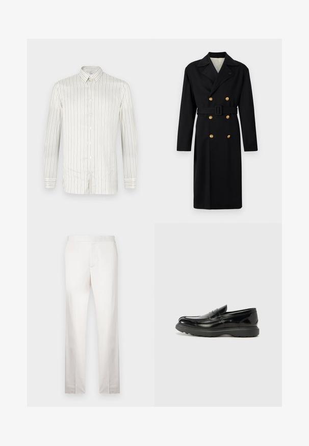 Black double-breasted coat in a structured design, featuring gold buttons, a tie belt, and a notched collar. Smooth fabric with a classic fit.; White button-up shirt with narrow vertical stripes in beige. Features a pointed collar, long sleeves, and buttoned cuffs. Smooth texture.; Light beige tailored trousers with a smooth texture, straight legs, a flat front, and minimal stitching detail. No visible pockets.; Black leather loafer with a glossy finish, rounded toe, subtle stitching details, and a thick rubber sole for durability.