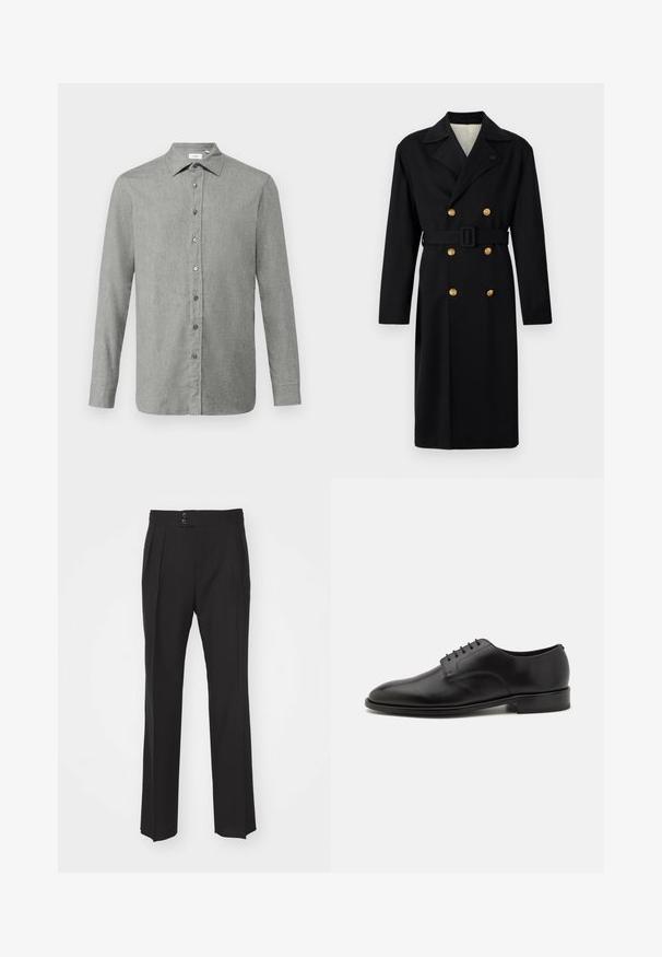 Čierny dvojradový kabát so štruktúrovaným dizajnom, s zlatými gombíkmi, opaskom na viazanie a klopovým golierom. Hladká tkanina s klasickým strihom.; Svetlo šedá košeľa na gombíky vyrobená z textúrovanej tkaniny, s klasickým golierom, dlhými rukávmi a šedými gombíkmi na prednej strane.; Čierne elegantné nohavice s rovnými nohavicami, dvoma prednými vreckami a dvojitým zapínaním na páse. Hladká textúra materiálu.; Paul Smith JASON - Elegantné šnurovačky - black