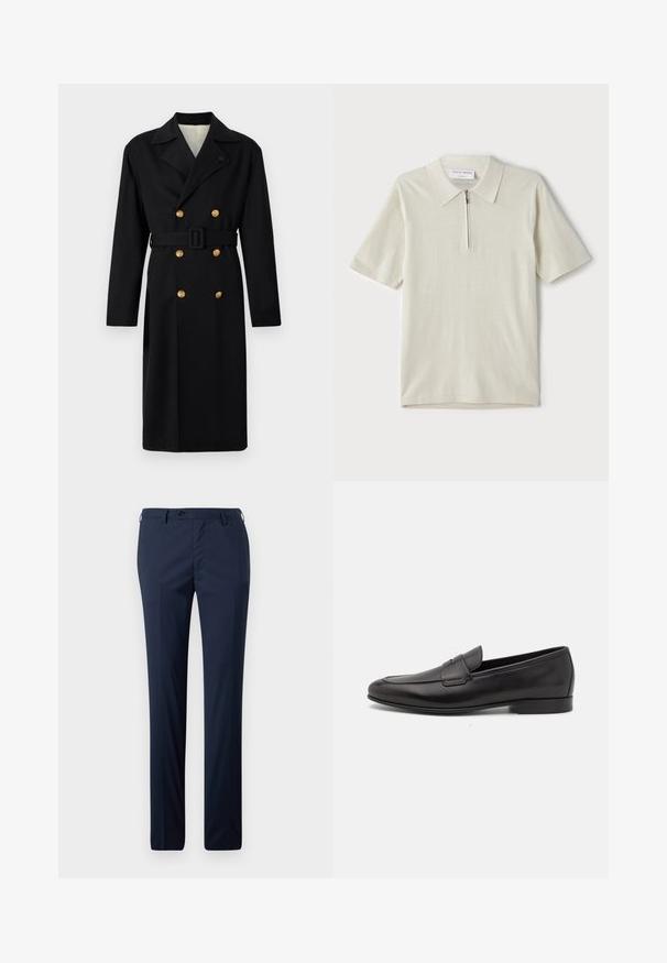 Cappotto doppiopetto nero dal design strutturato, con bottoni dorati, cintura da annodare e colletto a rever. Tessuto liscio con una vestibilità classica.; Polo a maniche corte in beige chiaro con colletto zip. Realizzato in tessuto morbido, presenta un design semplice e moderno, privo di motivi.; Pantaloni da abito navy in taglio dritto, con una texture morbida, chiusura con un solo bottone e passanti per cintura per un fit su misura.; Mocassino da uomo in pelle nera con tacco basso e design classico a striscia, mostrato in profilo laterale su sfondo bianco.