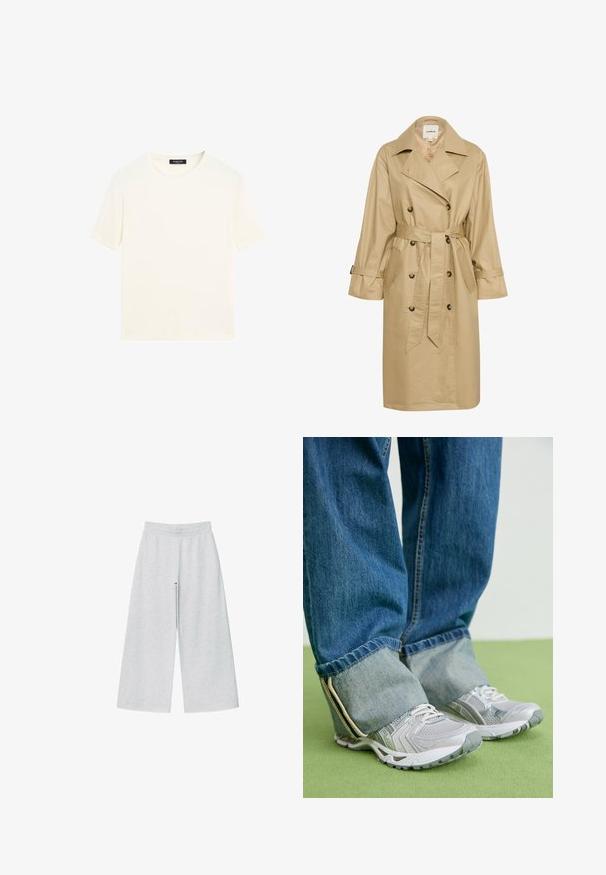 Beige trench coat lavet af glat, letvægtsstof. Har en dobbeltknaplukning foran, sidelommer og et bundet taljebælte.; Grå strikket sweater med rund halsudskæring, sænkede skuldre og ribstrikkede manchetter. Blød tekstur og løs pasform. Ingen mønstre eller accenter.; Klassisk hvid kortærmet T-shirt med rund hals og sort label ved kraven, lagt fladt mod en hvid baggrund.; Lys grå vidtgående bukser lavet af blødt stof med elastisk talje. Designet har en løs pasform for komfort og bevægelsesfrihed.; Grå atletiske sko med mesh-materiale og hvide accenter, parret med blå denimjeans, der er opkrøllet ved anklerne.