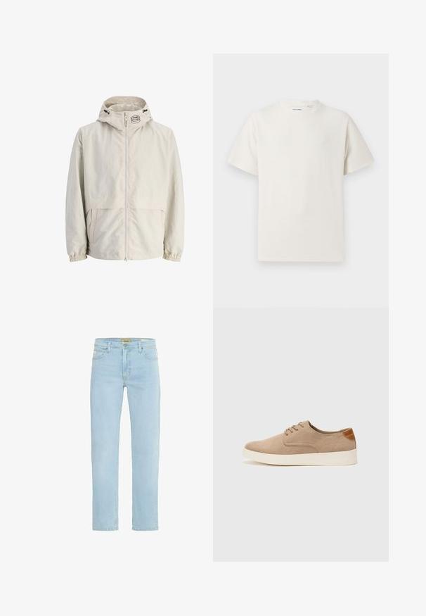 Šviesiai bėžinė, su kapišonu, pagaminta iš lengvo audinio striukė. Pasižymi užtrauktuku priekyje, elastingomis rankogaliais ir logotipu ant kapišono.; Balta trumpa rankovė T-polo marškinėlių su juostelėmis tekstūra. Apvalus iškirpimas, laisvas fasonas, jokių matomų raštų ar akcentų. Paprastas ir universalus dizainas.; Šviesiai mėlynos džinsinės kelnės su tiesiu kirpimu, penkių kišenių dizainu, subtiliu blukimu ir klasikiniu juosmeniu su priekiniu sagčių uždarymu.; Bežiniai zomšiniai sportbačiai su apvaliomis pirštų dalimis, raišteliais priekyje ir tekstūruotu užkulniu. Balta guma suteikia kontrastą. Paprastas ir modernus dizainas.