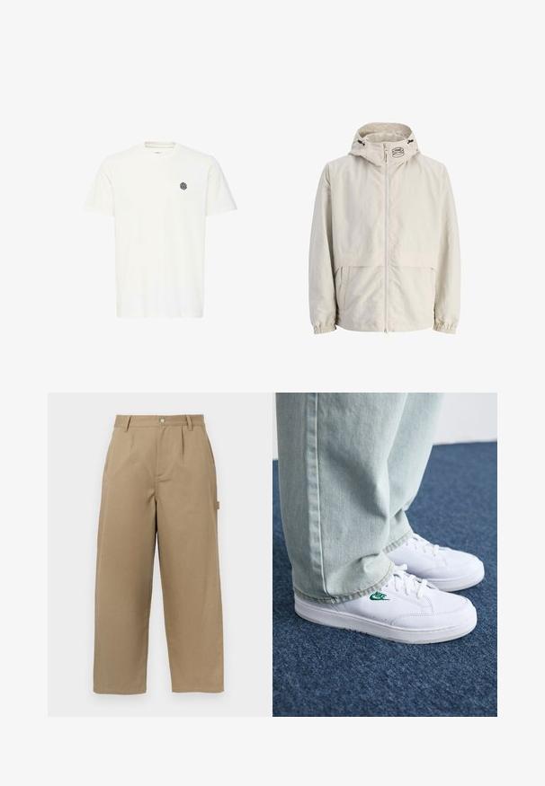 Svetlo bež jakna s kapuco, izdelana iz lahkega materiala. Ima sprednji zadrgo, elastične manšete in logo na kapuci.; Bela majica s kratkimi rokavi iz bombaža, z majhnim črnim geometrijskim logotipom na levi prsni strani. Ravno krojena in okrogla izrezana.; Bež hlače širokega kroja iz mešanice bombaža, z visokim pasom, sprednjimi naborki in dvema stranskima žepoma s gumbom.; Bela usnjena športna obutev z zelenim Nike logotipom, okrogla konica, ravna podplat, v kombinaciji z svetlo modrimi kavbojkami, prikazana na modrem preprogu.