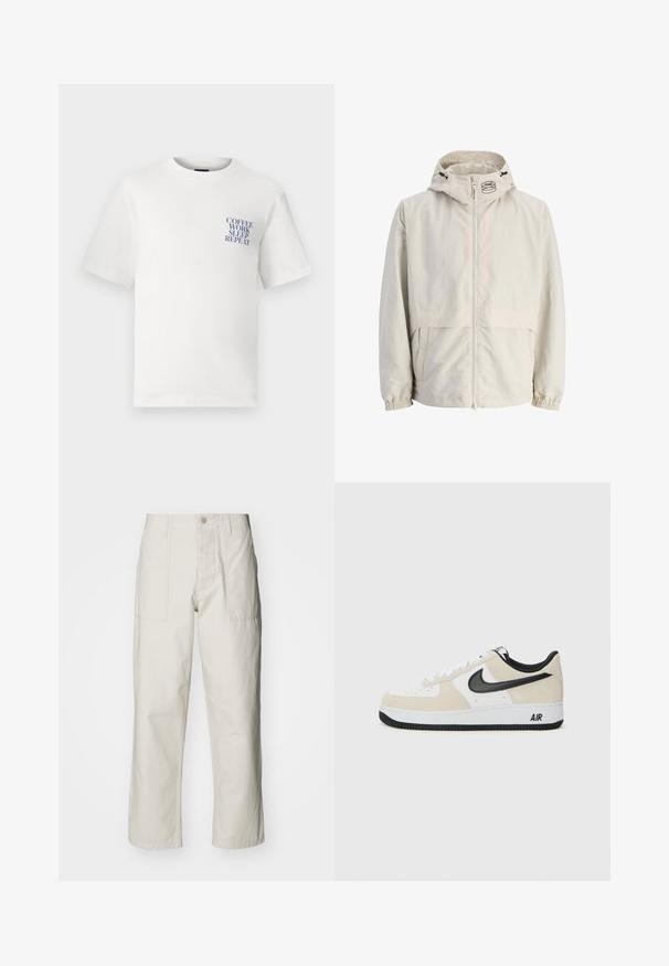 Heledane beež, kapuutsiga jakk, mis on valmistatud kergest materjalist. Omab ees olevat lukku, elastseid mansette ja logo kapuuti peal.; Valge puuvillane T-särg, millel on lõdva lõikega disain, mille vasakul rinnaosal on sinine graafiline tekst, mis ütleb "KOOGI TÖÖ MAGA KORDU".; Heledbeez värvi laiad püksid, mis on valmistatud puuvillast. Omavad esi-taskuid ja nupuga sulgemist. Sile tekstuur, millel on õrnad vertikaalsed jooned.; Kergedega helebeež Suede ja valge naha pealispind, must Nike swoosh, mustad aksendid ja valgest kummist põhi, mis peal "AIR" bränding.