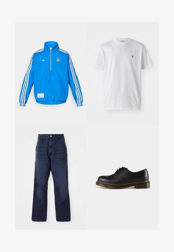 adidas Originals REAL MADRID ICON HALF ZIP JACKET - Joukkuetuote - bluebird/white; Valkoinen puuvillapaita lyhyillä hihoilla, pyöreä kaula-aukko, jossa on pieni kultainen logo vasemmassa rintapielessä. Pehmeä kangas ja normaali istuvuus.; Tummansiniset farkut suoralla lahkeella, joissa on edessä napitus, vyölenkit ja ei näkyviä kuvioita tai aksentteja.; Musta nahkakenkä, jossa on pyöreä kärki, nauhakiinnitys, keltainen päällinen pohjan ympärillä ja tukeva, teksturoitu kumipohja.