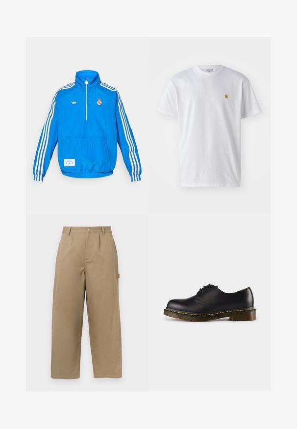 adidas Originals REAL MADRID ICON HALF ZIP JACKET - Kluba apģērbs - bluebird/white; Balta kokvilnas t-kreklu ar īsām piedurknēm, apaļu kakla izgriezumu, ar mazu zelta logotipu kreisajā krūšu pusē. Mīksta tekstūra un regulāra piegriezuma.; Bēšas platās bikses, izgatavotas no kokvilnas maisījuma, ar augstu jostasvietu, priekšējiem krokiem un divām sānu kabatām ar pogu aizdari.; Melna ādas kurpe ar noapaļotu purngali, šņorēšanas dizains, dzeltena šuvju līnija gar zoli un masīva, teksturēta gumijas zole.