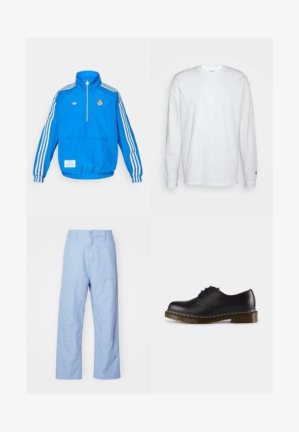 adidas Originals REAL MADRID ICON HALF ZIP JACKET - Echipament cluburi fotbal - bluebird/white; Tricou alb cu mâneci lungi, din bumbac. Design cu guler rotund, cu manșete ribbate și un logo mic pe mâneca stângă. Textură netedă.; Pantaloni din in de culoare bleu deschis, cu o croială lejeră, având buzunare aplicate și detalii de pliu vizibile. Țesătura are un aspect moale și texturat.; Pantof de piele neagră cu vârful rotunjit, design cu șireturi, cusătură galbenă de-a lungul tălpii și o talpă din cauciuc texturat, masivă.