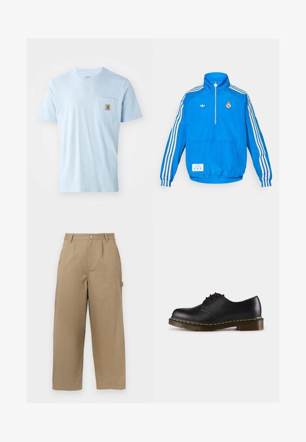 adidas Originals REAL MADRID ICON HALF ZIP JACKET - Klubové oblečení - bluebird/white; Světle modré bavlněné tričko s kulatým výstřihem, krátkými rukávy a kapsou na prsou, na které je malý čtvercový logový odznak.; Béžové široké kalhoty z kombinace bavlny, s vysokým pasem, předními sklady a dvěma bočními kapsami s uzávěrem na knoflík.; Černá kožená bota s kulatou špičkou, šněrovacím designem, žlutým prošíváním podél podrážky a chunky, texturovanou gumovou podrážkou.