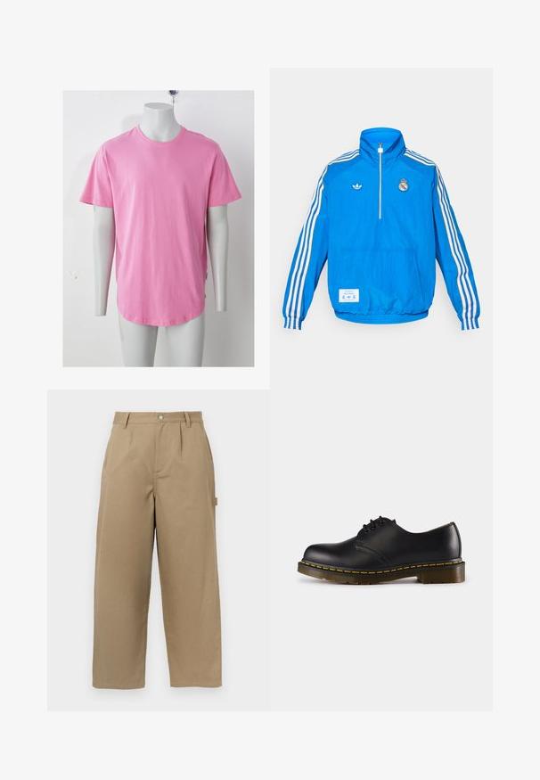 adidas Originals REAL MADRID ICON HALF ZIP JACKET - Kluba apģērbs - bluebird/white; Rozā īsroku kokvilnas T-krekls ar apaļu kakla izgriezumu, gludu tekstūru un noapaļotu apakšu. Sānos ir uzlīme.; Bēšas platās bikses, izgatavotas no kokvilnas maisījuma, ar augstu jostasvietu, priekšējiem krokiem un divām sānu kabatām ar pogu aizdari.; Melna ādas kurpe ar noapaļotu purngali, šņorēšanas dizains, dzeltena šuvju līnija gar zoli un masīva, teksturēta gumijas zole.