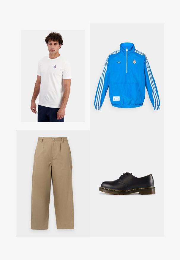 adidas Originals REAL MADRID ICON HALF ZIP JACKET - Squadra - bluebird/white; T-shirt bianca in cotone con collo rotondo, maniche corte e un piccolo logo blu e rosso stampato sul petto. Tessuto morbido, vestibilità casual.; Pantaloni larghi beige in misto cotone, con vita alta, pieghe frontali e due tasche laterali con chiusura a bottone.; Scarpa in pelle nera con punta arrotondata, design con lacci, cuciture gialle lungo la suola e suola in gomma spessa e testurizzata.