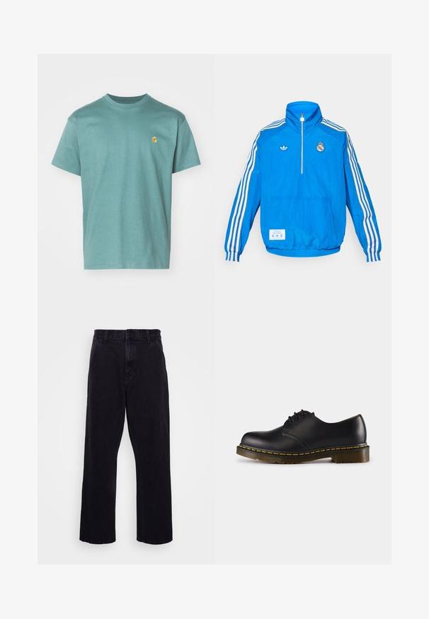 adidas Originals REAL MADRID ICON HALF ZIP JACKET - Club wear - bluebird/white; Cotton t-shirt in teal, short sleeves, crew neckline, featuring a small yellow logo on the left chest. Textured fabric with a smooth finish.; Black denim trousers with a straight leg design, featuring a button and zip closure, belt loops, and minimal stitching details.; Black leather shoe with rounded toe, lace-up design, yellow stitching along the sole, and a chunky, textured rubber outsole.