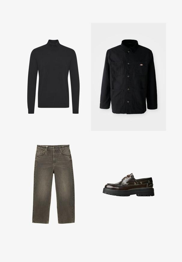 Svart knäppjacka med fyra framfickor, kordkrage och liten logotyppatch på övre högra bröstfickan.; Svart polo tröja i mjukt material, med långa ärmar och ribbade muddar och nederkant. Enkelt, odekorerat design.; Vida jeans i blekt grå denim med en lätt lyster. Har två framfickor och en knappknäppning. Horisontell sömnad på midjebandet.; Brun läderskon i båtmodell med gummisula, prydd med stickningsdetaljer, metallöglor och snörningsdesign. Kraftig och lätt konstruktion.