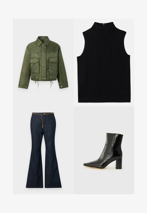 Olive green cropped jacket made of smooth, shiny fabric. Features two chest pockets, drawstring hem, and a classic collar.; Black sleeveless turtleneck top made from soft material, featuring a high collar and a back zip closure. Simple design with no patterns or accents.; Dark denim flared jeans with a high waist, featuring a gold chain belt and contrasting stitching along the seams.; Black ankle boot made of glossy leather with a pointed toe and a chunky, square heel. Features a smooth texture and minimalistic design.