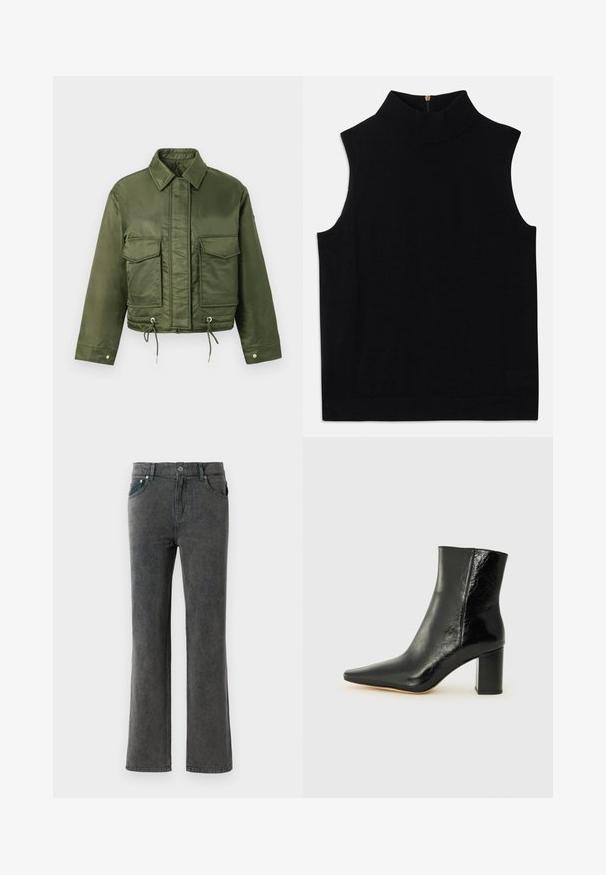 Olivno zelena skrajšana jakna iz gladkega, sijočega materiala. Ima dva žepa na prsih, vrvni rob in klasičen ovratnik.; Črn brezrokavnik z visokim ovratnikom, izdelan iz mehkega materiala, ima zadrgo na hrbtu. Preprost dizajn brez vzorcev ali dodatkov.; Sive farmacevtske flare jeans z zbledelim pranjem, petimi žepi, pasom za pas in enojnim zapiranjem s gumbom. Mehka tekstura in ravna kroja.; Črne gležnjarje iz sijoče usnje s koničastim nosom in masivnim kvadratnim peto. Imajo gladko teksturo in minimalističen dizajn.