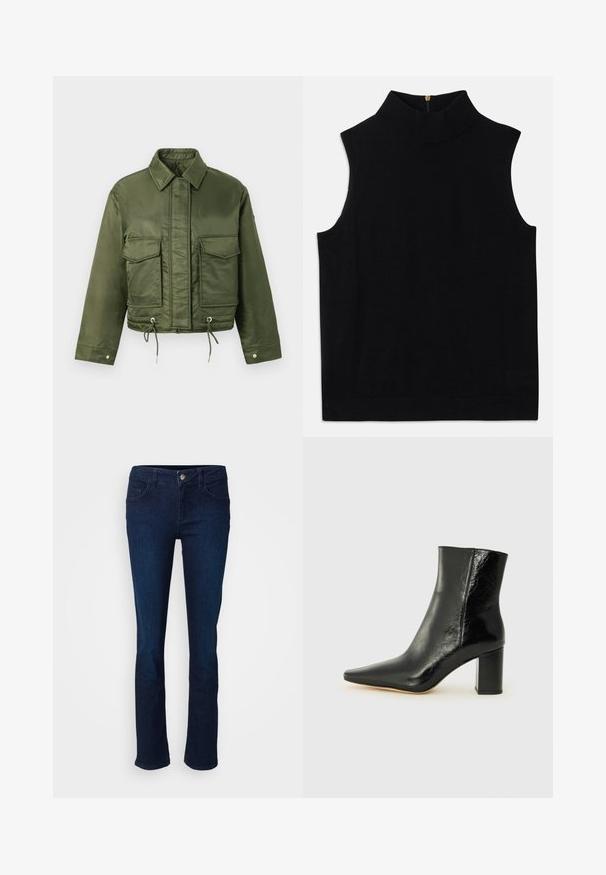 Olivovo zelená skrátená bunda vyrobená z hladkej, lesklej tkaniny. Obsahuje dve náprsné vrecká, šnúrku na dolnom okraji a klasický golier.; Čierny bezrukávový rolák vyrobený z mäkkého materiálu, s vysokým golierom a zipsom na chrbte. Jednoduchý dizajn bez vzorov alebo akcentov.; Námornícke modré denimové džiny so strihom rovného nohu, s prednými a zadnými vreckami, zapínaním na gombík a hladkou textúrou.; Čierne členkové čižmy vyrobené z lesklej kože s špicatou špičkou a robustným štvorcovým podpätkom. Majú hladkú textúru a minimalisti design.