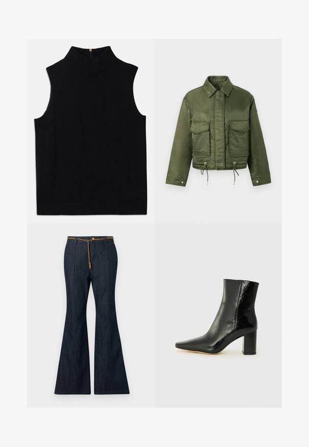 Veste cropped vert olive en tissu lisse et brillant. Dispose de deux poches poitrine, d'une taille ajustable à cordon et d'un col classique.; Haut noir sans manches à col roulé, fabriqué en matériau doux, avec un col haut et une fermeture éclair dans le dos. Design simple sans motifs ni accents.; Jean flare en denim foncé avec taille haute, ornés d'une ceinture en chaîne dorée et de surpiqûres contrastantes le long des coutures.; Bottines noires en cuir brillant avec un nez pointu et un talon large et carré. Présente une texture lisse et un design minimaliste.