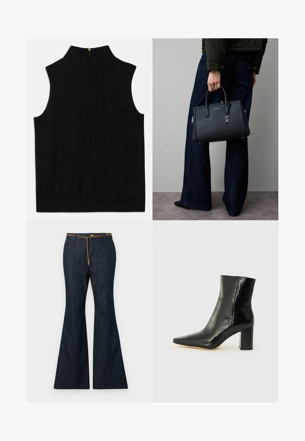 Olijfgroene cropped jack van soepel, glanzend materiaal. Heeft twee borstzakken, een trekkoord aan de onderkant en een klassieke kraag.; Zwarte mouwloze coltrui gemaakt van zacht materiaal, met een hoge kraag en een rits aan de achterkant. Eenvoudig ontwerp zonder patronen of accenten.; Donkerdenim flared jeans met hoge taille, voorzien van een gouden kettingriem en contrasterende stiksels langs de naden.; Zwarte enkellaarsjes van glanzend leer met een puntige neus en een stevige, vierkante hak. Heeft een gladde textuur en een minimalistisch ontwerp.; Zwarte leren handtas met een gestructureerd ontwerp, bovenhandgrepen, zilverkleurige hardware en een opvallend MK-logo. Draagt bij donkere spijkerbroek.