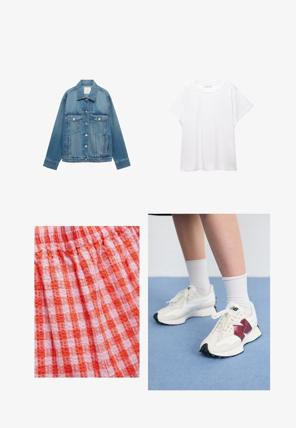 Giacca di jeans azzurro chiaro con colletto, chiusura a bottoni, due tasche sul petto e tasche laterali; presenta una vestibilità classica e dettagli di cucitura visibili.; T-shirt bianco realizzato in un tessuto morbido e leggero. Presenta un collo rotondo e maniche corte e larghe con vestibilità morbida. Nessun motivo visibile.; Tessuto a quadri rossi e rosa con una finitura texturizzata, caratterizzato da una vita arricciata e un design plissettato. Il materiale sembra leggero e traspirante.; Paio di sneakers bianche con accenti bordeaux, pannelli testurizzati, suola piatta nera e lacci leggeri, indossati con calzini bianchi alla caviglia.