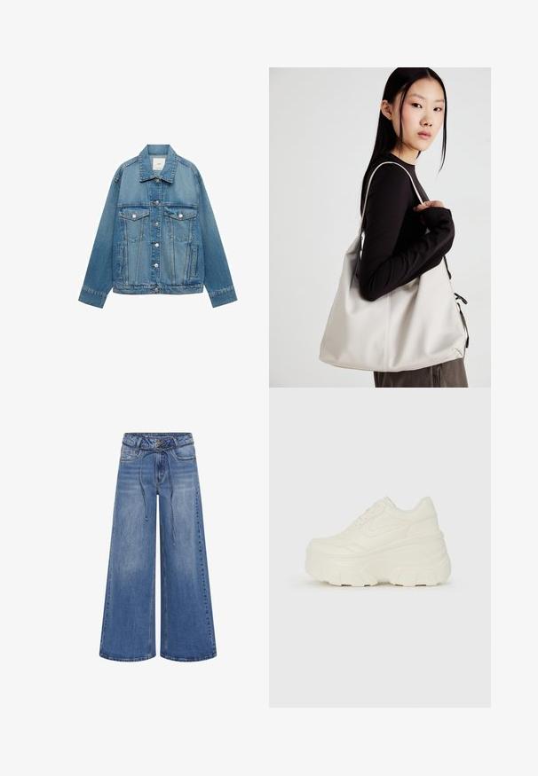 Jachetă din denim de un albastru deschis, cu guler, închidere cu nasturi, două buzunare la piept și buzunare laterale; are o croială clasică și detalii de cusătură vizibile.; Tricouri alb-negru, cu gât rotund, mâneci scurte. Cămășile negre au broderie cu soare galben; cele albe au un accent cu lună crescută violet.; My Essential Wardrobe MID WIDE - Blugi evazați - medium blue wash; Adidași platformă albi, cu un superior neted asemănător cu pielea, formă rotunjită, guler căptușit și talpă din cauciuc texturată cu borduri bine definite.; Geantă bej din material moale, cu un design lejer, detalii cusute și două bretele pentru umăr. Potrivită pentru utilizarea zilnică.