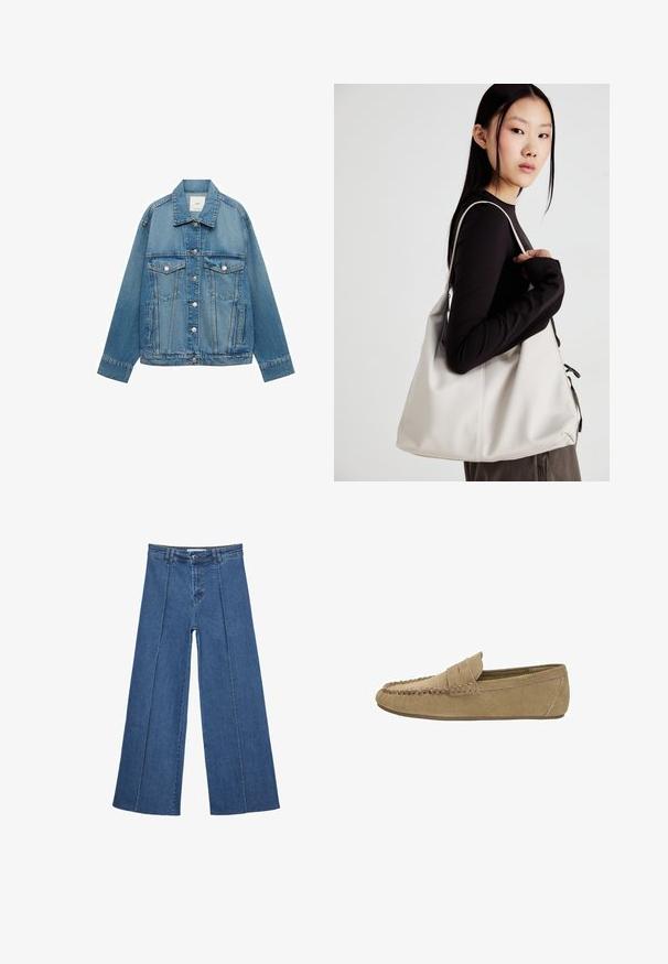 Vaaleansininen farkkutakki, jossa on kaulus, napitus, kaksi rintataskua ja sivutaskut; takissa on klassinen malli ja näkyvät ompelutiedot.; Kahvinsävyinen lyhythihainen t-paita, joka on valmistettu pehmeästä kankaasta. Pyöreä pääntie ja rento malli. Ei näkyviä kuvioita tai koristeita.; Korkeat vyötäröiset, keskisiniset, leveiden lahkeiden denim-farkut, joissa on nappikiinnitys ja kontrastiväriset pystysaumadetaileja edessä.; Vaaleanruskea mikrofarkkuinen miesten loafer, jossa on tikattu mokkatoe ja penni-nauha, litteä kumipohja, sivuprofiili valkoista taustaa vasten.; Beige laukku, joka on valmistettu pehmeästä materiaalista, ja siinä on rento muotoilu, ommeltu yksityiskohtia ja kaksi olkahihnaa. Sopii päivittäiseen käyttöön.
