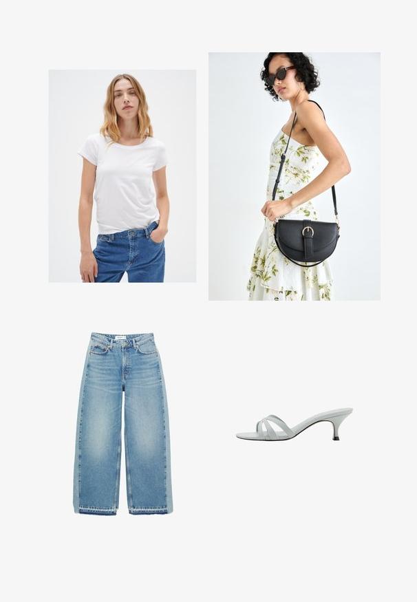 Jasnoniebieska dżinsowa kurtka z kołnierzykiem, zapięciem na guziki, dwiema kieszeniami na piersi i kieszeniami bocznymi; charakteryzuje się klasycznym krojem oraz widocznymi detalami szwów.; Biała koszulka z krótkim rękawem i okrągłym dekoltem, wykonana z miękkiego materiału, w połączeniu z niebieskimi dżinsami o klasycznym kroju i pięcioma kieszeniami.; Jasnoniebieskie dżinsy szerokie w nogawkach, wykonane z denimu, z wysokim stanem, zapięciem na guzik, kieszeniami z przodu i surowym dołem.; Jasnoszare sandały na obcasie z trzema krzyżującymi się paskami, o smukłym profilu i zwężanym obcasie. Gładka faktura z lekko błyszczącym wykończeniem.; Czarna skórzana torebka o zakrzywionym kształcie, z odpinanym paskiem i złotymi akcentami. Torebka posiada klapę z zapięciem w kształcie klamry.