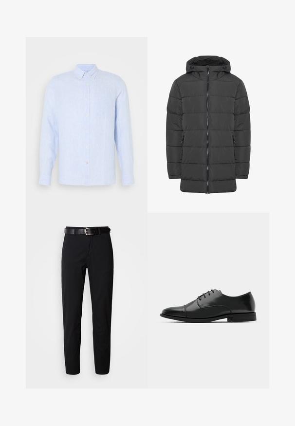 Giacca a vento nera imbottita con cappuccio, fronte con zip e polsini elasticizzati. Presenta un design trapuntato con cuciture orizzontali e due tasche laterali con zip.; Camicia button-up blu chiaro realizzata in tessuto testurizzato, con colletto, maniche lunghe, taschino sul petto e un sottile motivo a righe.; Pantaloni neri a gamba dritta, con una texture morbida e una cintura in pelle nera con una fibbia argentata. Design semplice, senza motivi o accenti.; Scarpa da uomo in pelle nera con punta rotonda, design con lacci, dettagli di cucitura discreti e tacco basso. Texture liscia con finitura lucida.