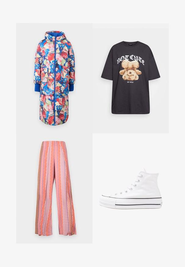 Podložena cvetna bunda s kapuco, ki vsebuje rdeče, roza in modre cvetove na temnem ozadju, dve sprednji žepu in rebrasti modri manšeti.; Črna oversized majica s kratkimi rokavi, na kateri je grafika medveda z besedilom „NI SRČKAN VKLJUČNO Z DIVJIM“ v poudarjenem belem tisku. Material: bombaž.; Hlače širokih nogavic z navpičnimi črtami v odtenkih roza, oranžne in rjave. Vzorec vključuje cvetlične in geometrijske oblike.; Beli visoki platneni športni čevelj z črnim gumijastim podplatom, sprednjim gumijastim zaščitnikom za prste in šestimi luknjicami za vezalke, ki se ponaša s preprostim, minimalističnim dizajnom.