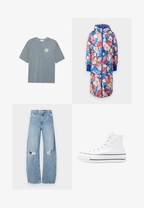 Polstret blomstret kappe med hette, som har røde, rosa og blå blomster på en mørk bakgrunn, to frontlommer og ribbede blå mansjetter.; Lys blå oversized t-skjorte laget av myk bomull med rund hals og et gult solgrafikk på venstre brystområde.; Lyseblå høytlivsjeans laget av denim. Har vide bein, to revne knær og klassisk fem-lommers design.; Hvit høy-skinn kanvas sneakers med svart gummisåle, gummitåhette foran og seks hull for snorer, med et rent, minimalistisk design.
