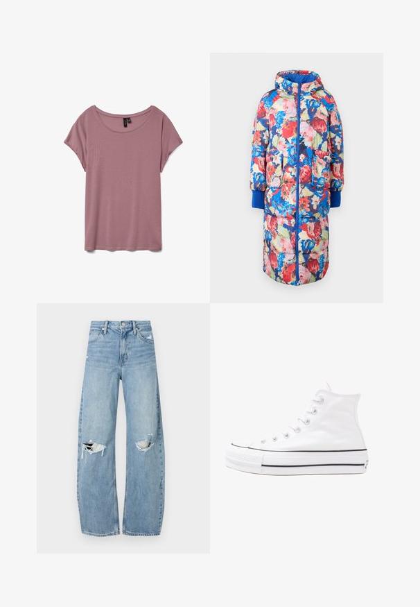 Padded floral coat with a hood, featuring red, pink, and blue flowers on a dark background, two front pockets, and ribbed blue cuffs.; Light pink short-sleeve t-shirt made of soft fabric with a rounded neckline and loose fit, featuring no visible patterns or textures.; Light blue, high-waisted jeans made of denim. Feature wide legs, two torn knee areas, and classic five-pocket styling.; White high-top canvas sneaker with black rubber sole, front rubber toe cap, and six eyelets for laces, featuring a clean, minimalist design.