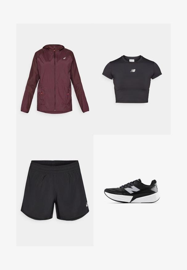 ASICS ROAD PACKABLE JACKET - Cortaviento - dark currant; Camiseta deportiva negra recortada con mangas cortas, hecha de tela elástica. Presenta un logo blanco en el frente, escote redondeado y un diseño ajustado.; Pantalones cortos deportivos negros con cintura elástica, textura suave y aberturas laterales sutiles. Presenta un pequeño logo blanco en la parte inferior derecha.; Zapatilla de running New Balance en blanco y negro con suela gruesa, parte superior de malla y logo "N" en el lateral, vista desde el lado exterior.