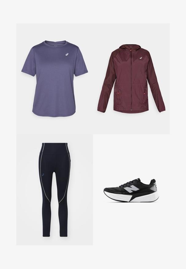 ASICS ROAD PACKABLE JACKET - Tuulejope - dark currant; Sügavlilla spordipoliis, ümmargune kaelus, lühikesed varrukad, valmistatud tekstuuriga kangast, millel on vasakul rinnakul väike valge logo.; Tumed kõrge vöökohaga retuusid, mis on valmistatud venivast kangast, roheline õmblustega detail ja Asicsi logo vasakul külgmisel.; Mustvalge New Balance jooksujalats, millel on paks tallar ja võrkkangast ülemine osa, ning külgvaates on näha ka „N” logo.