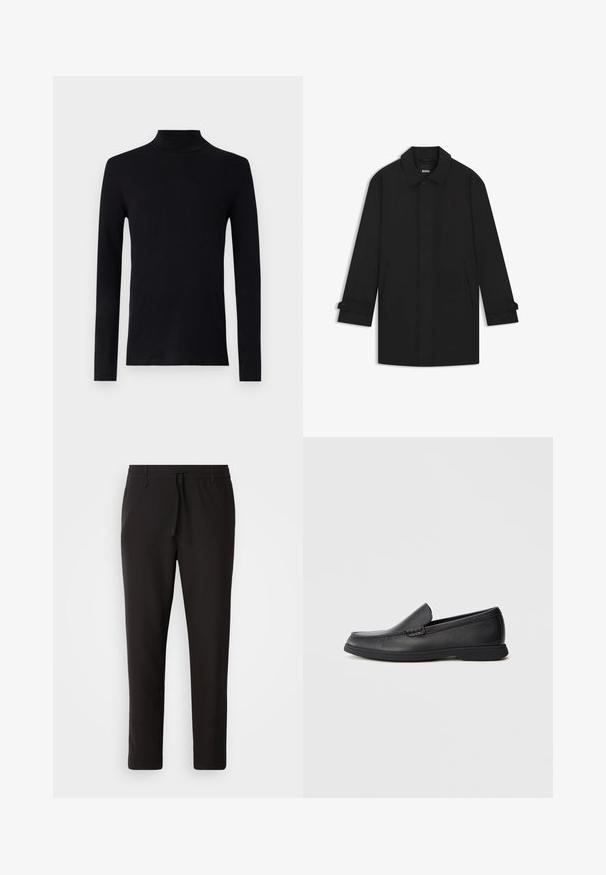 Black, waterproof coat with a collared neckline, button closure, and side pockets. Features rolled sleeves with button accents.; Black long-sleeve turtleneck shirt made of soft fabric with a fitted silhouette and ribbed neckline. No visible patterns or accents.; Black jogger pants made of smooth fabric. Feature an elastic waistband with a drawstring, tapered legs, and no visible pockets. Simple design.; Black leather slip-on loafer with textured upper, rounded toe, low heel, and rubber sole, shown in side profile on white background.